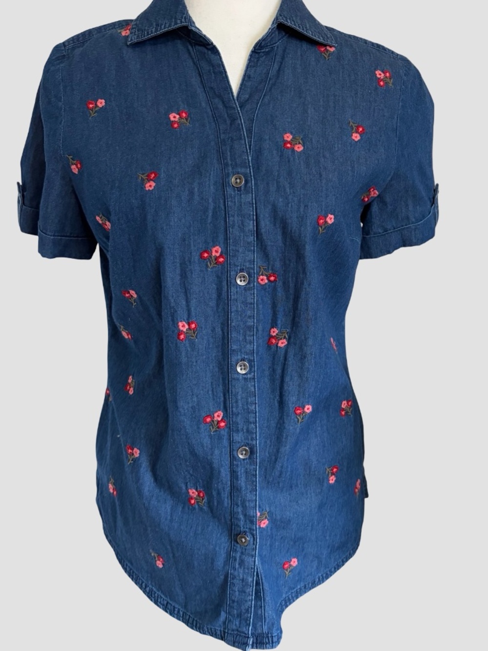Karen Scott Blue Cotton Blend Floral Embroidery Button Up Short Sleeve Top-Sz-M